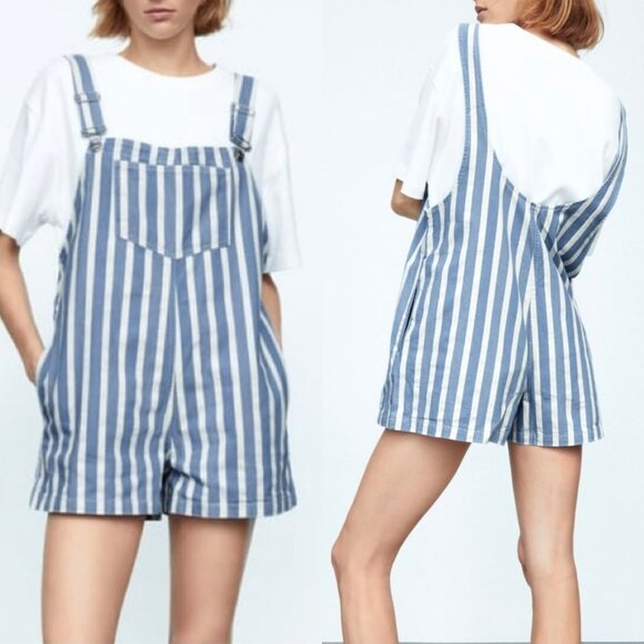 NEW ZARA Cotton Denim Relaxed Fit Striped Romper - Size S (Oversized) - Picture 1 of 14